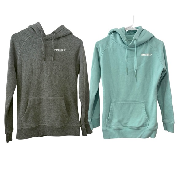 Bundle of 2 Gymshark XS Gray Light Blue Logo Hoodie Fleece Pullover Sweatshirt - Picture 1 of 12